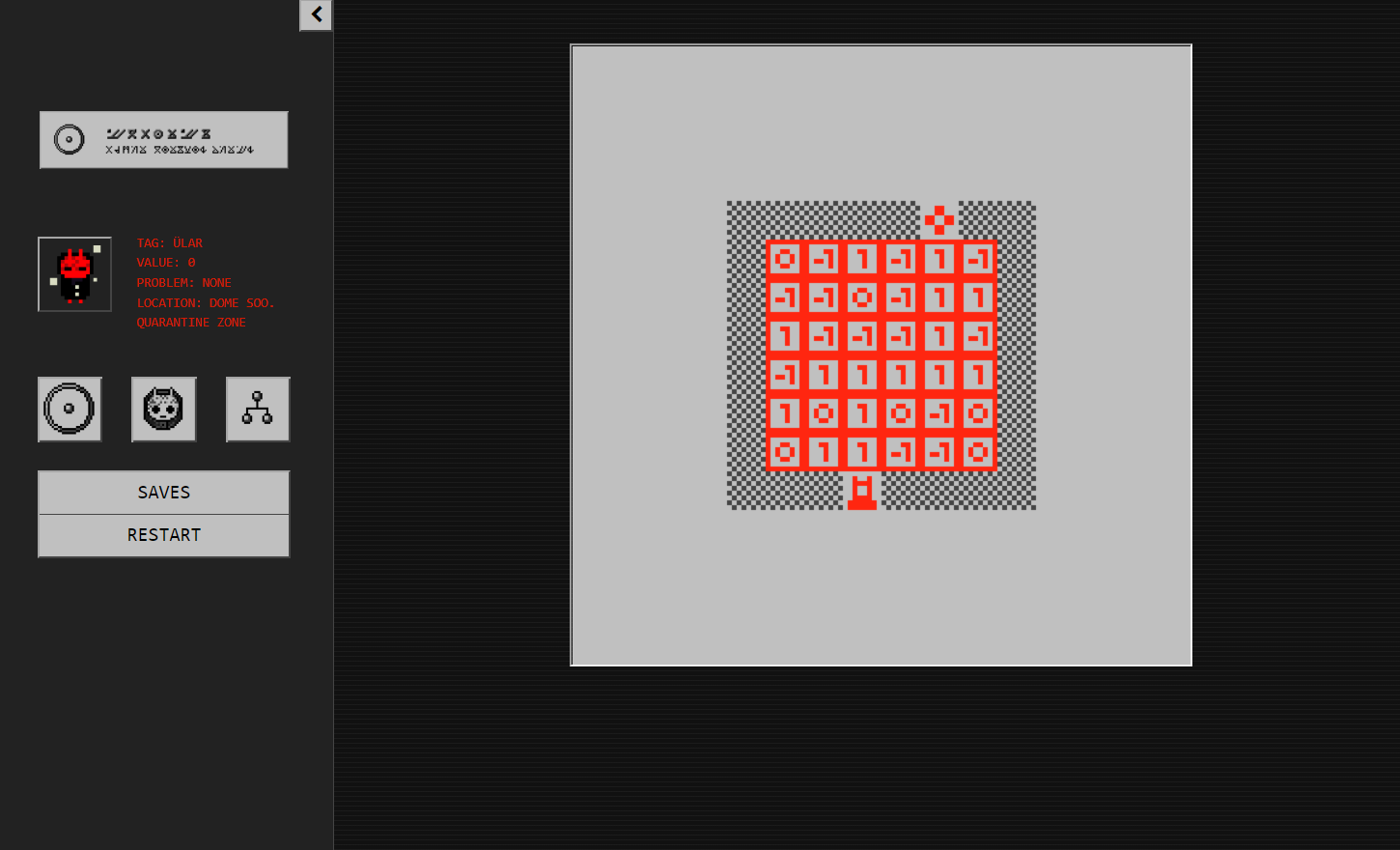 A screenshot from Mr. Rainer's Solve It Service featuring one of the bitsy-designed puzzles where you traverse binary code to restore the protagonist's value.