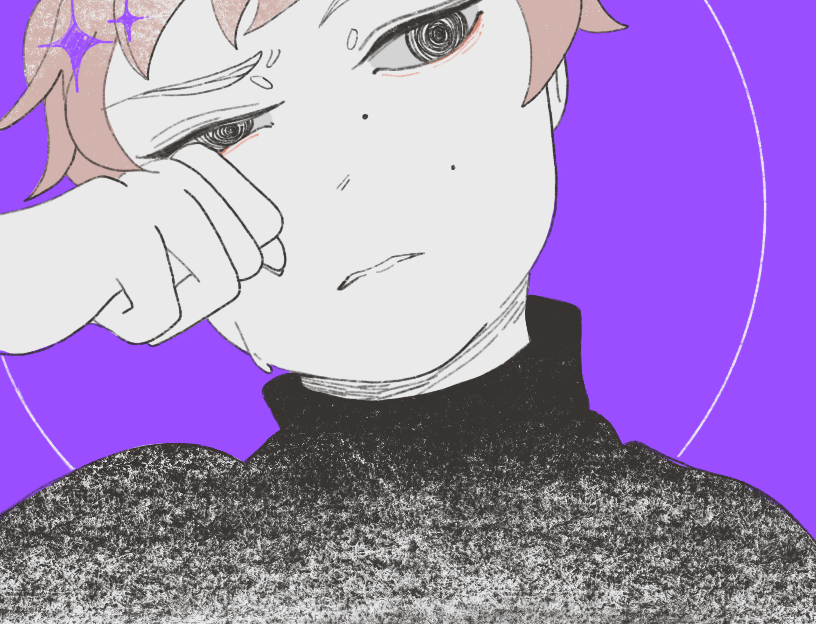 A boy in a black turtleneck with a purple halo and stars orbiting his head wipes away tears.