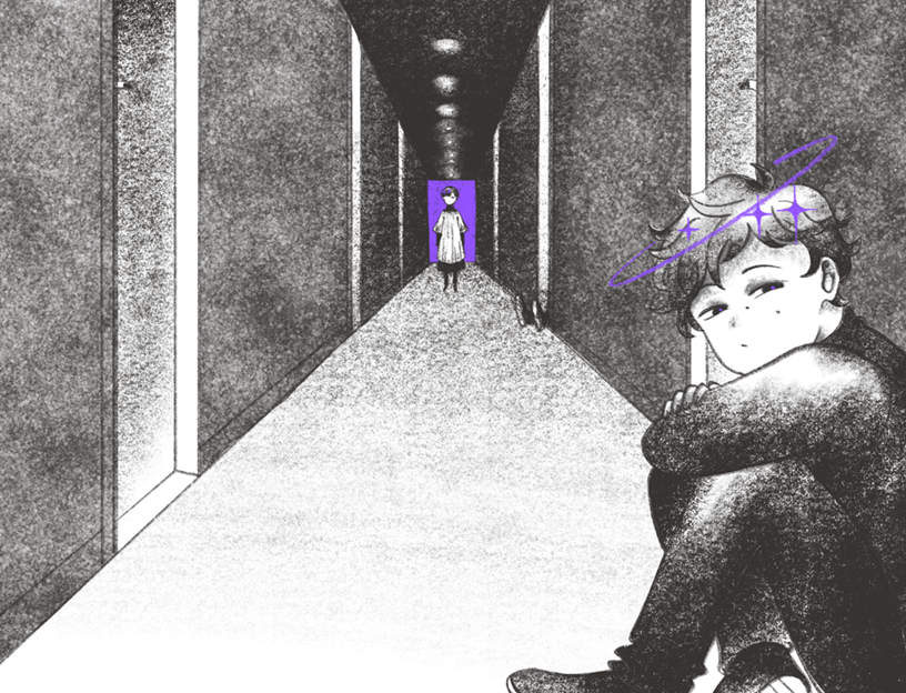 A black and white hallway with a purple light at the far end. In the foreground is a young boy with a purple halo.